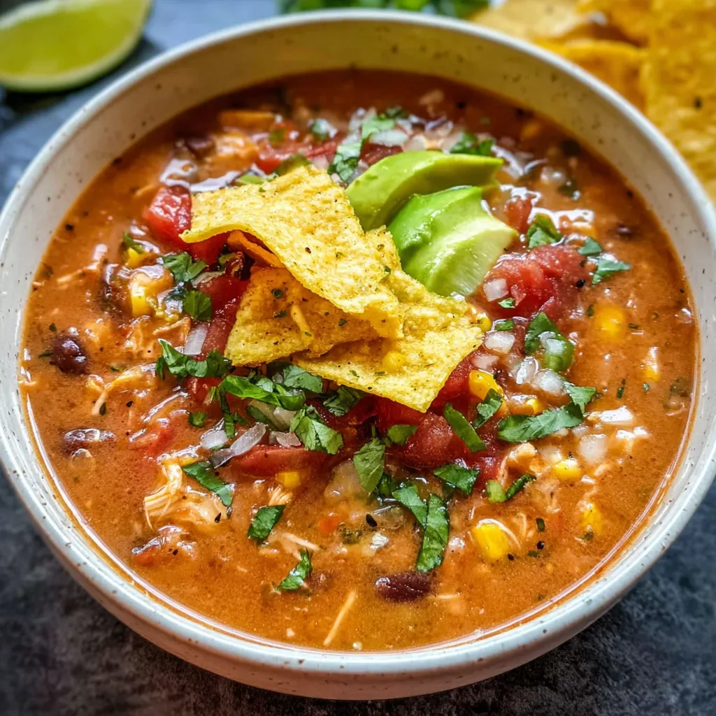 Creamy Vegetarian Tortilla Soup with Black Beans, Corn, and Crispy Tortilla Strips - main view